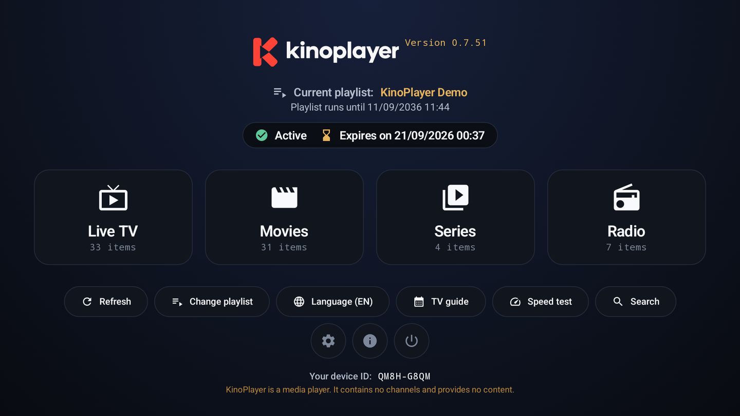 KinoPlayer running on a television